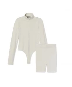 MASSIVE WOMENS RIB ZIP FRONT BODYSUIT + RIB SHORTS 3" - BUNDLE